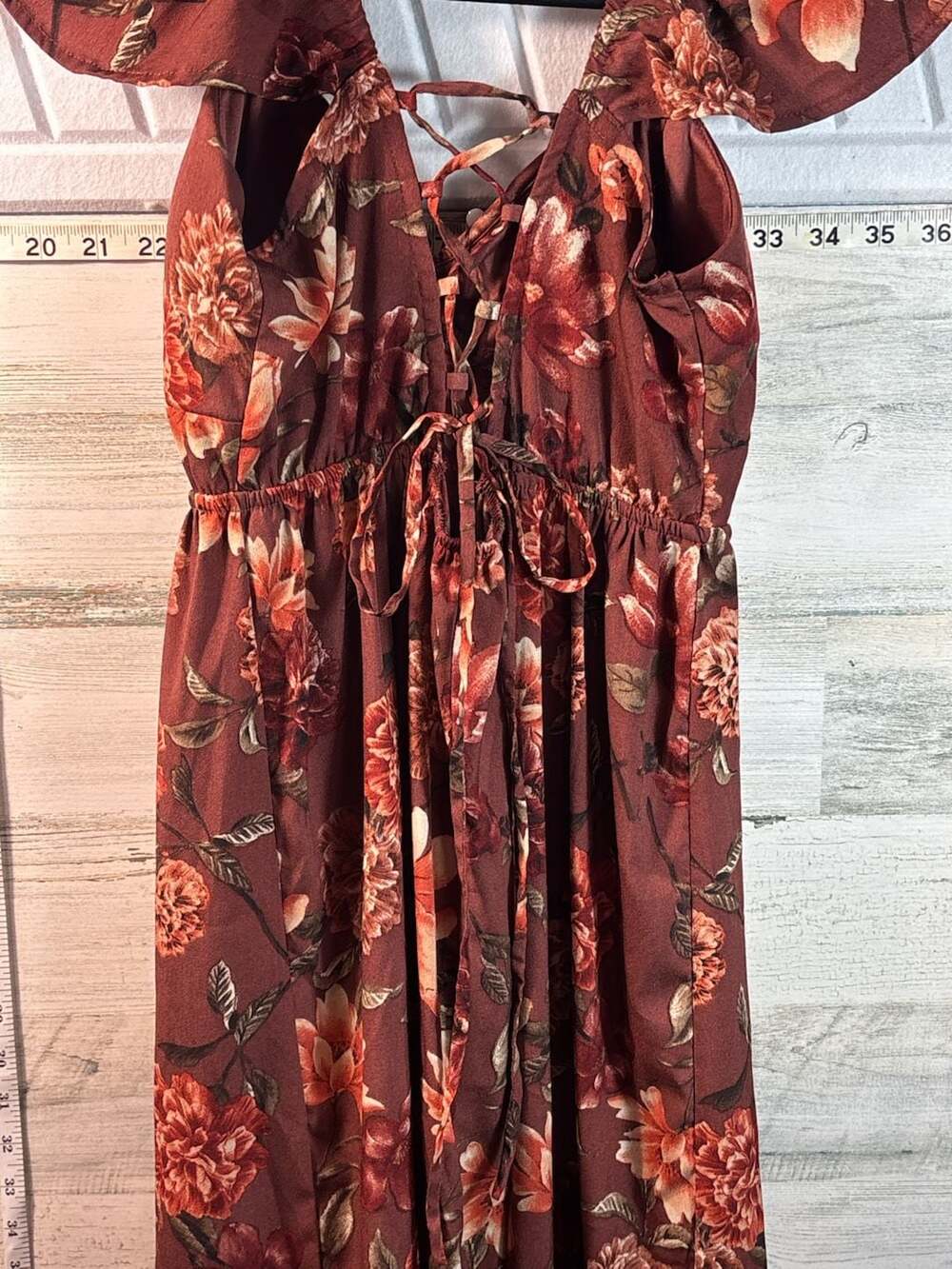 Red Floral Ruffle Short Sleeve Tie Back Midi Dress - Picture 4 of 5